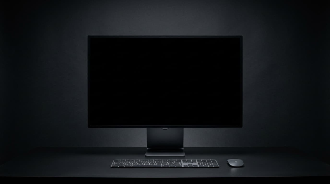 A large monitor on a black desk in a dark studio